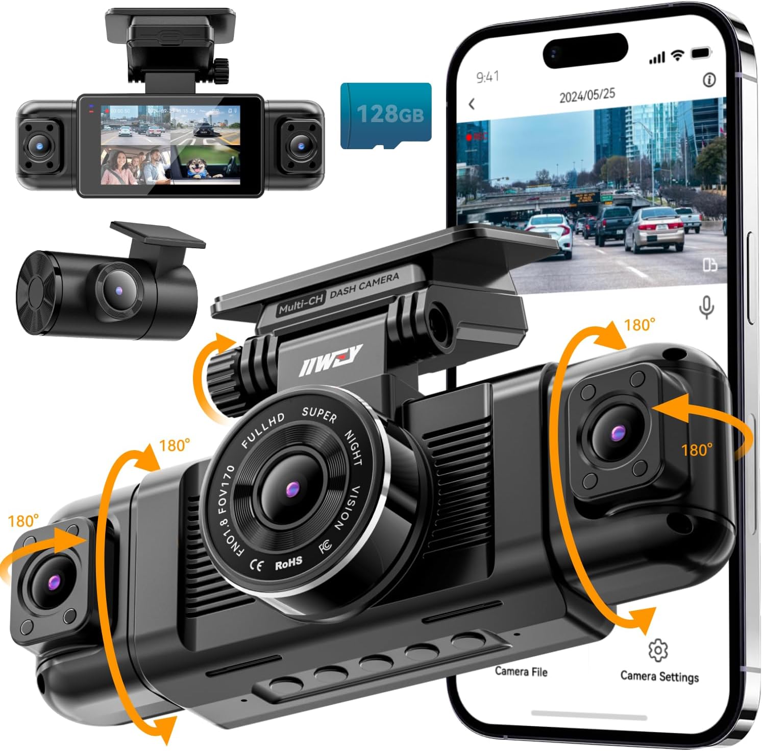 IIWEY N5 4CH Dash Cam 360° 1080P Front/Rear/Inside, 8 IR Night Vision, 5G WiFi, G-Sensor, Parking Mode, 128GB Card