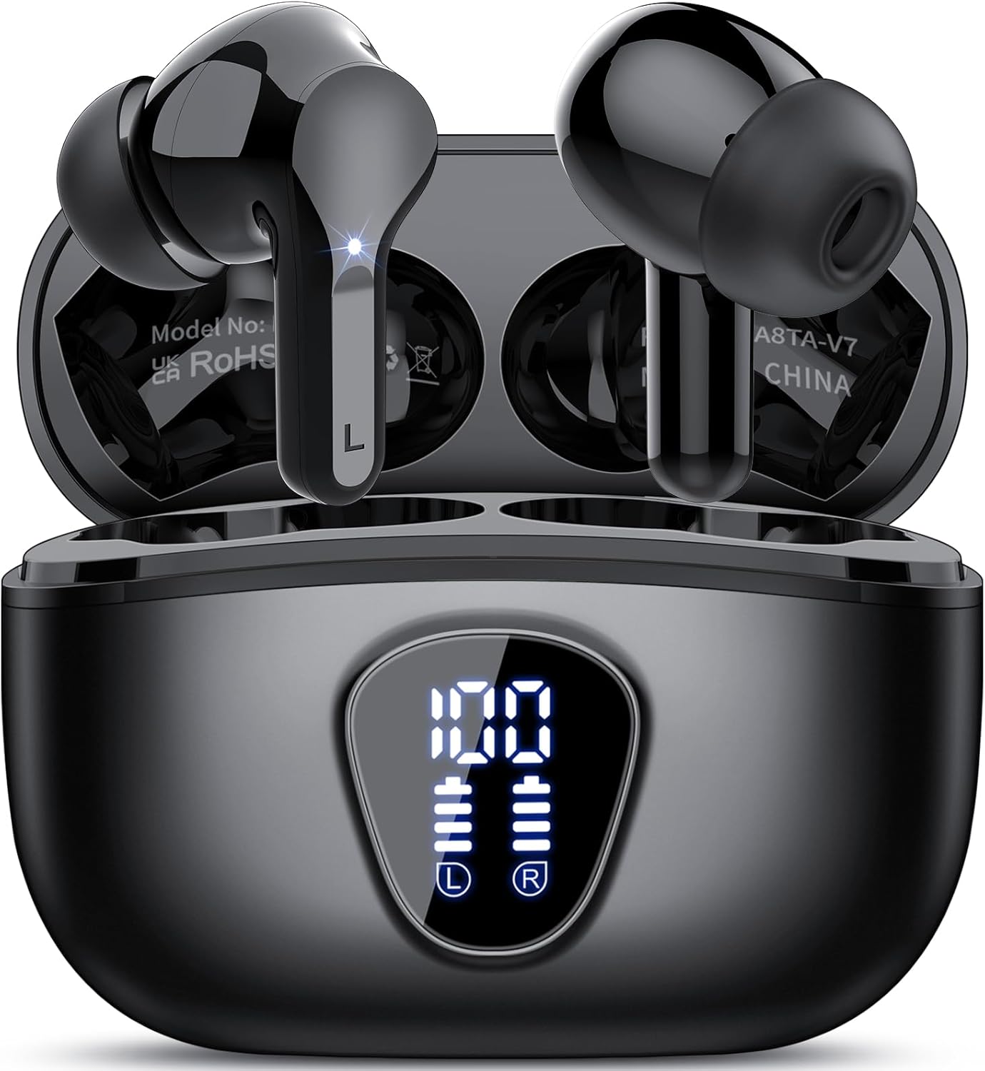 Wireless Earbuds, Bluetooth 5.4 Headphones HiFi Stereo, ENC Noise Cancelling Mic, IP7 Waterproof, 48H, LED Display, Black