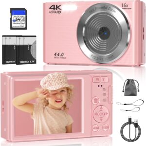 Digital Camera, FHD 4K 44MP, 16X Zoom, 3-LED Fill Light, 64GB SD Card, Compact, Pink