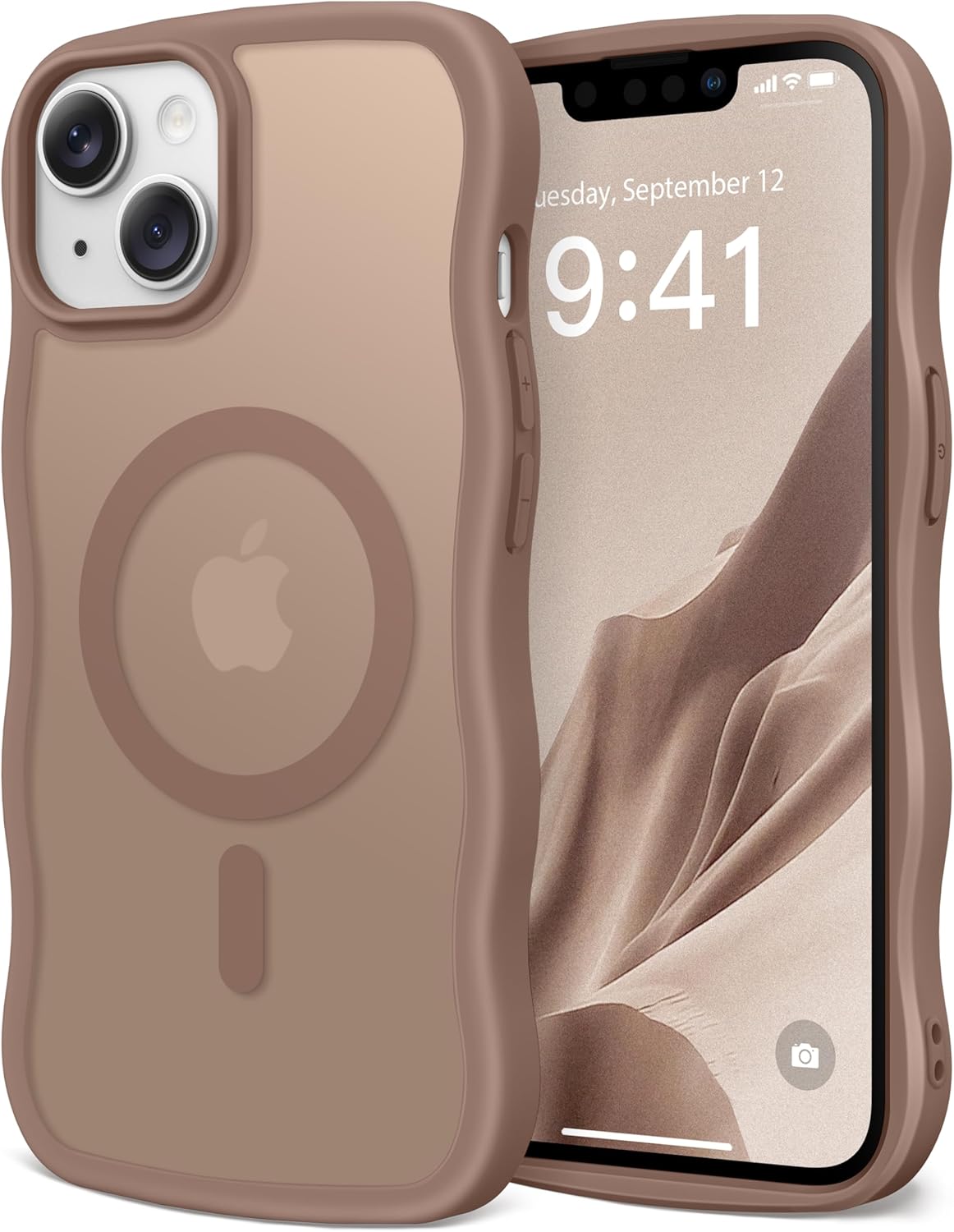 Cute Curly Wave Edge iPhone 13/14 Case with MagSafe, Camera & Drop Protection, Brown