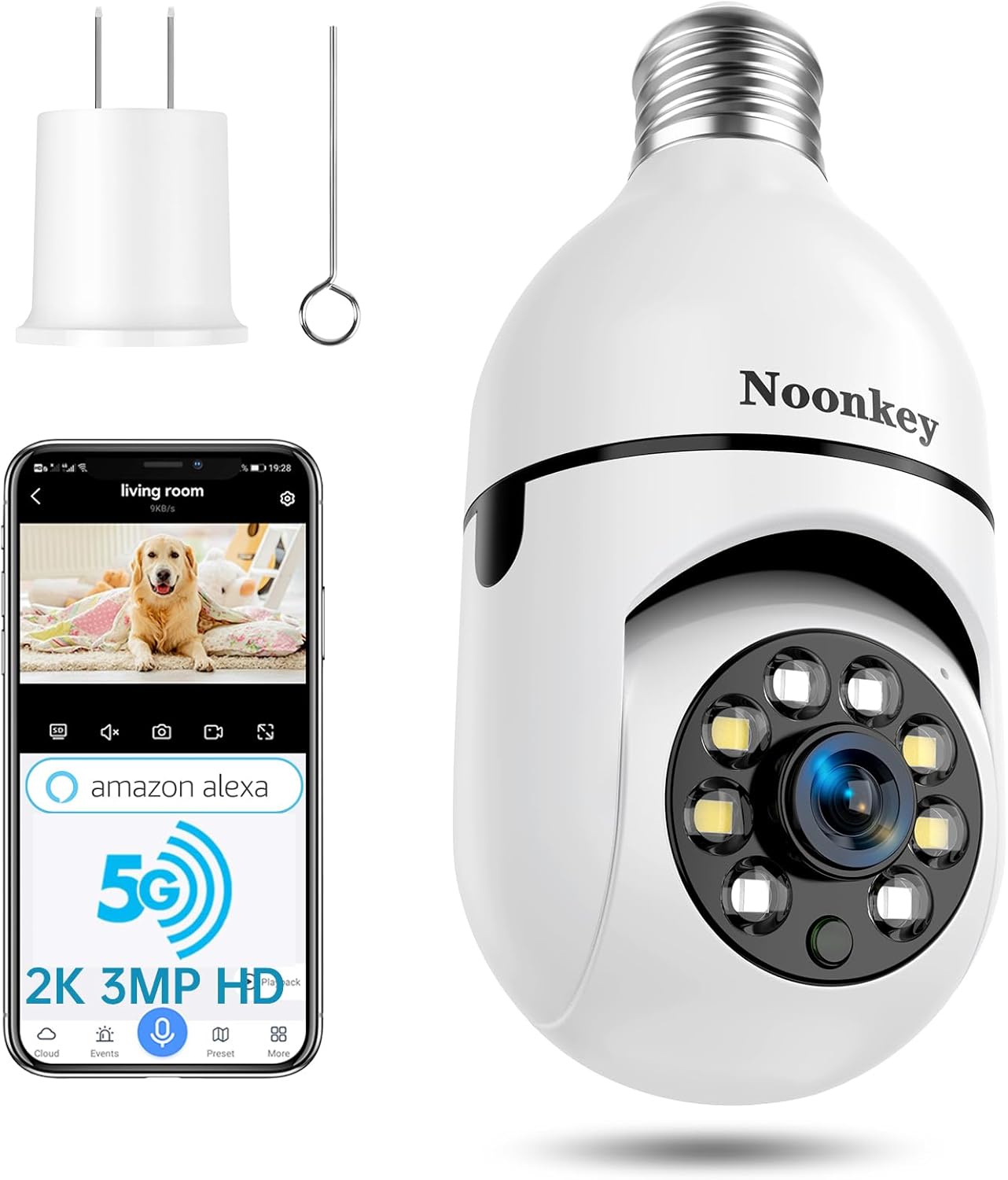 2K/3MP E27 Light Bulb Cam, 5G/2.4G WiFi, Alexa, 360°