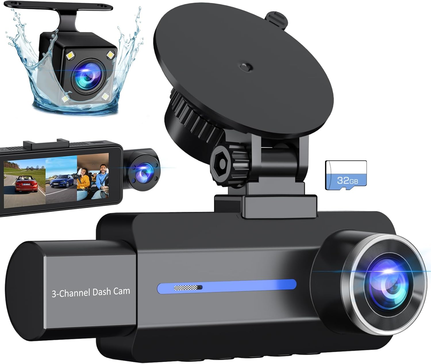 2.5K+1440P Triple Dash Cam, 32GB, G-Sensor, Night Vision