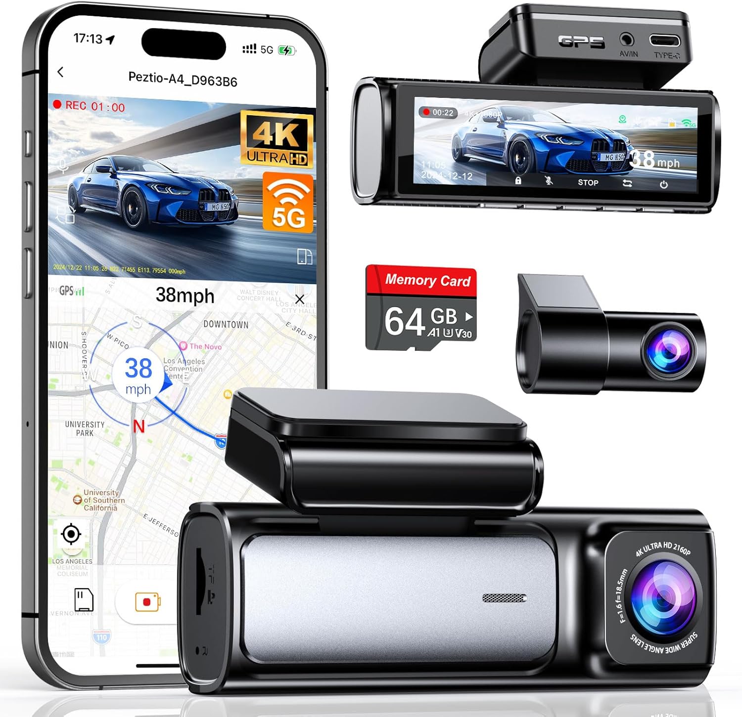 4K Dual Dash Cam w/ WiFi GPS, 64GB, Night Vision, Parking Monitor