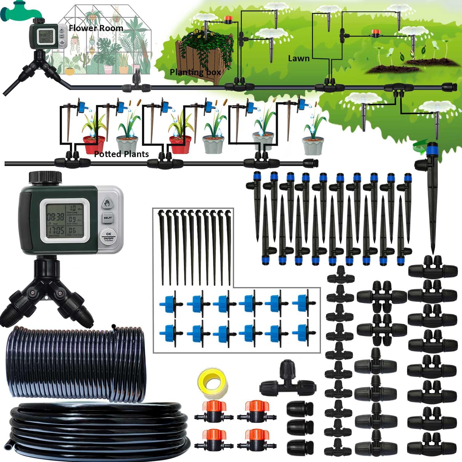 Drip Irrigation Kit 162ft w/ Timer