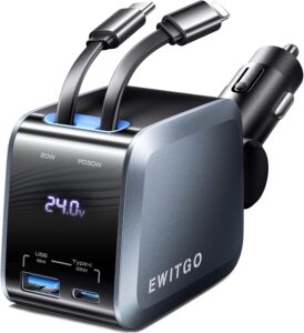72W Retractable Car Charger, 4FT Cable, Fast Charging