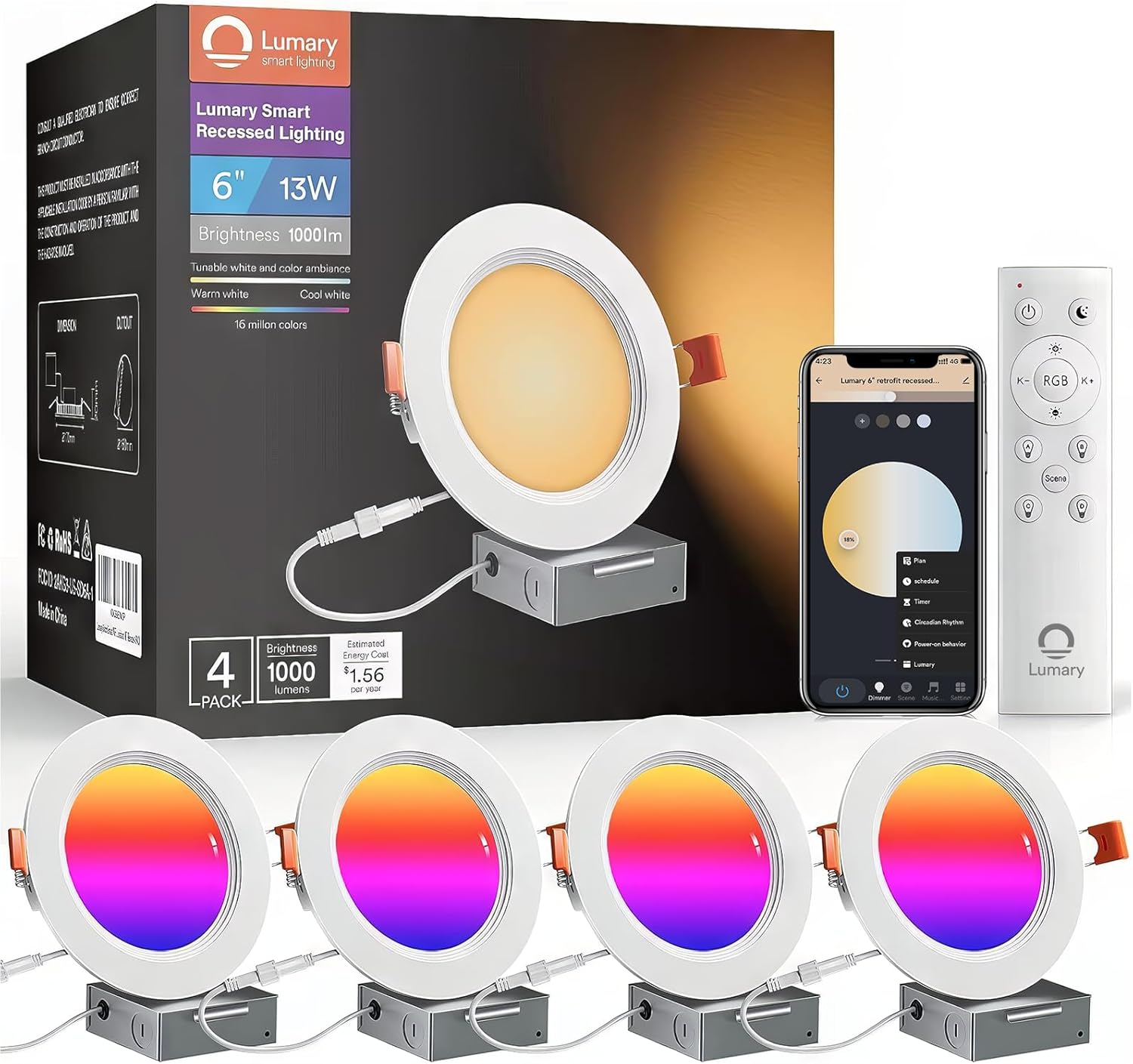 Lumary Smart WiFi 6" RGBWW Recessed Lights, 4-Pack