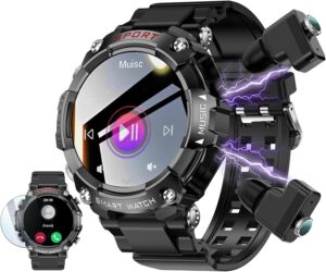 Rugged Military Smartwatch with Earbuds, HD Screen