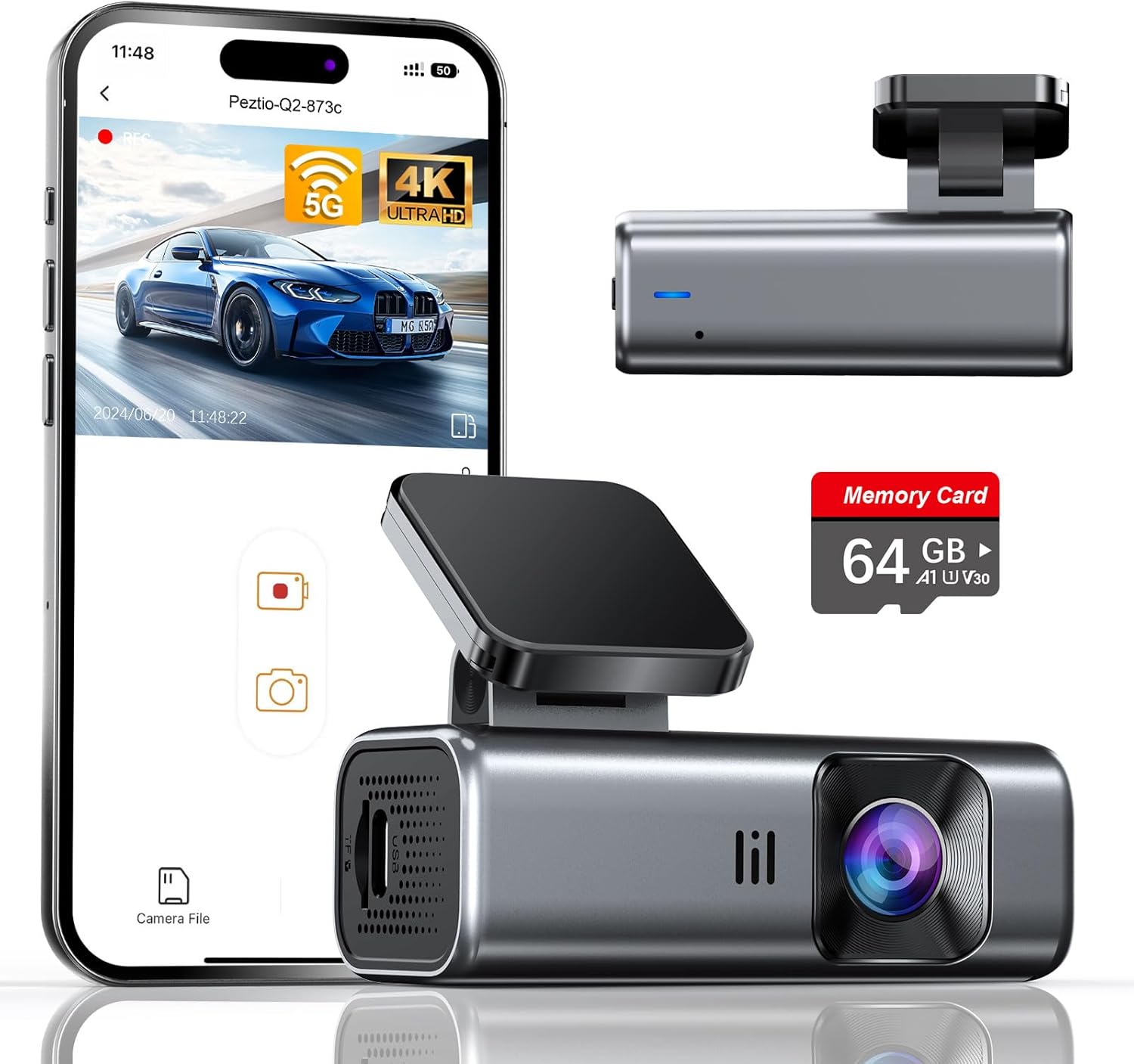 4K Dash Cam w/5G WiFi, 64GB, Night Vision, Parking Monitor