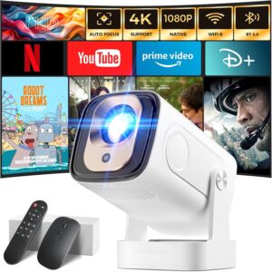 4K Auto Focus WiFi 6 Bluetooth 5.4 Mini Projector, White