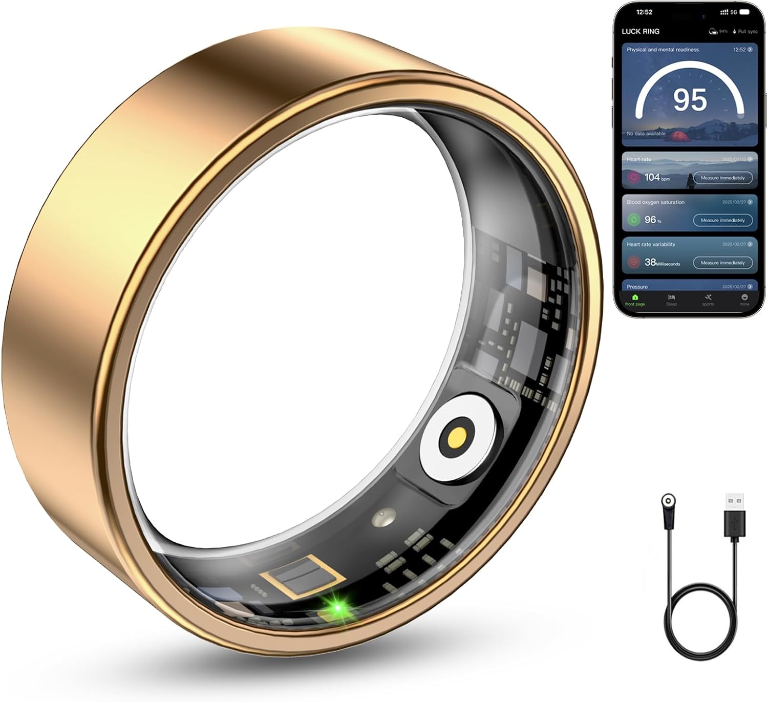 Smart Ring: HR, SpO2, Sleep, Waterproof, iOS/Android (Gold)