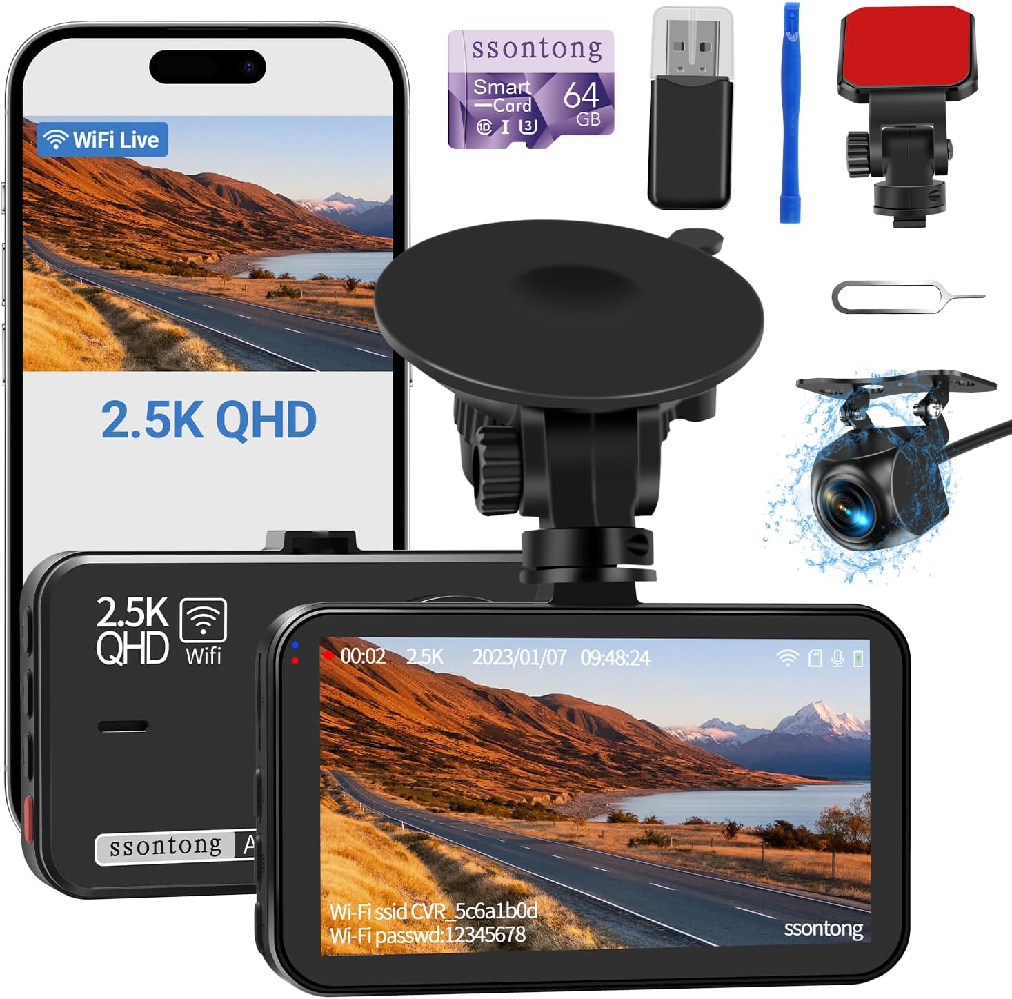 2.5K+1080P Dual Dashcam w/ WiFi, 64GB Card, Night Vision