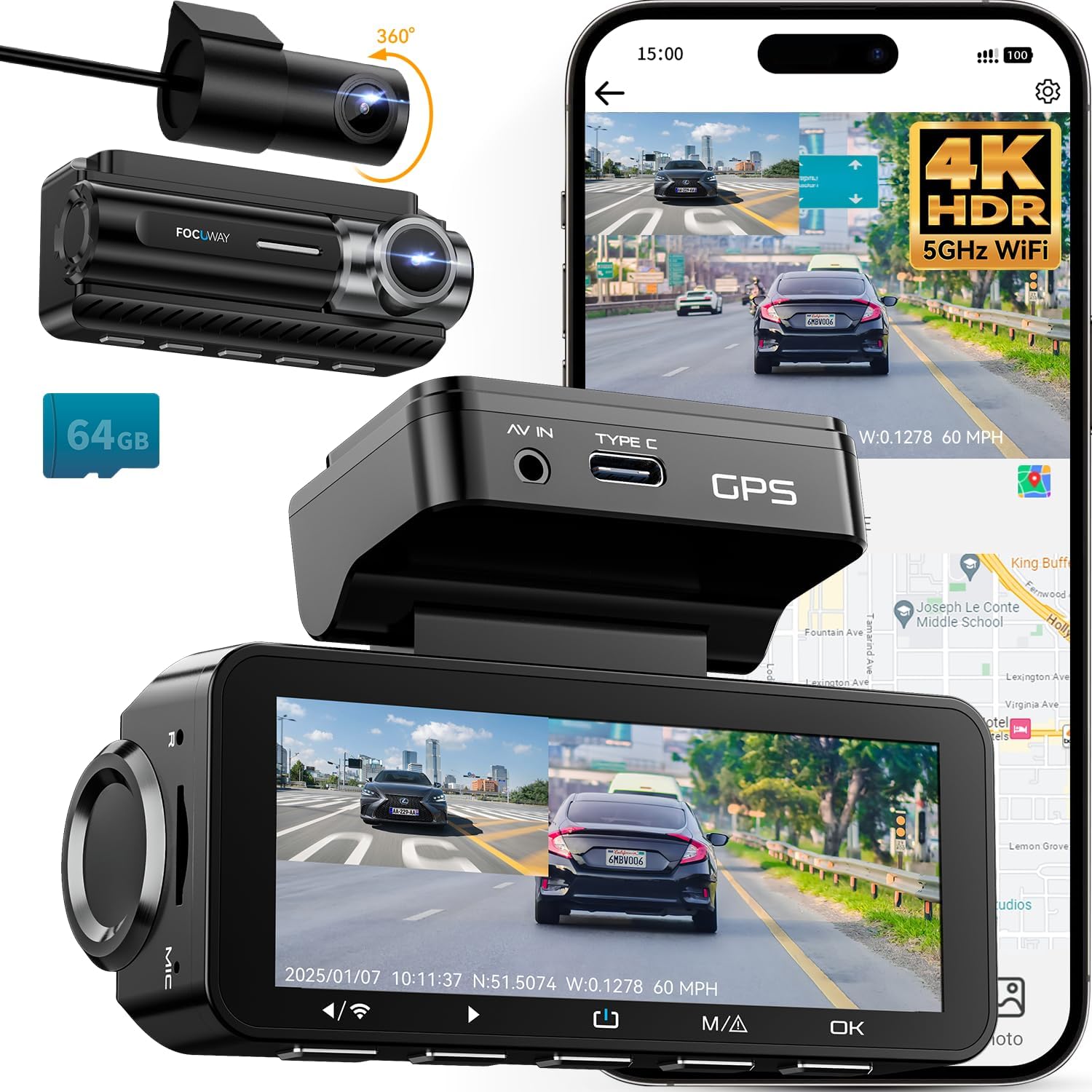 Dash Cam 4K 5G WiFi GPS Voice Control Dual Car Camera 64GB