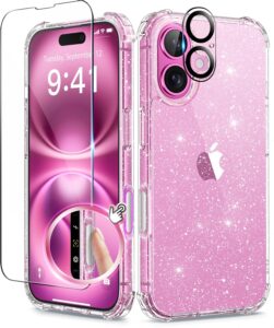 BERFY iPhone 16 Case with Protectors, Clear Glitter