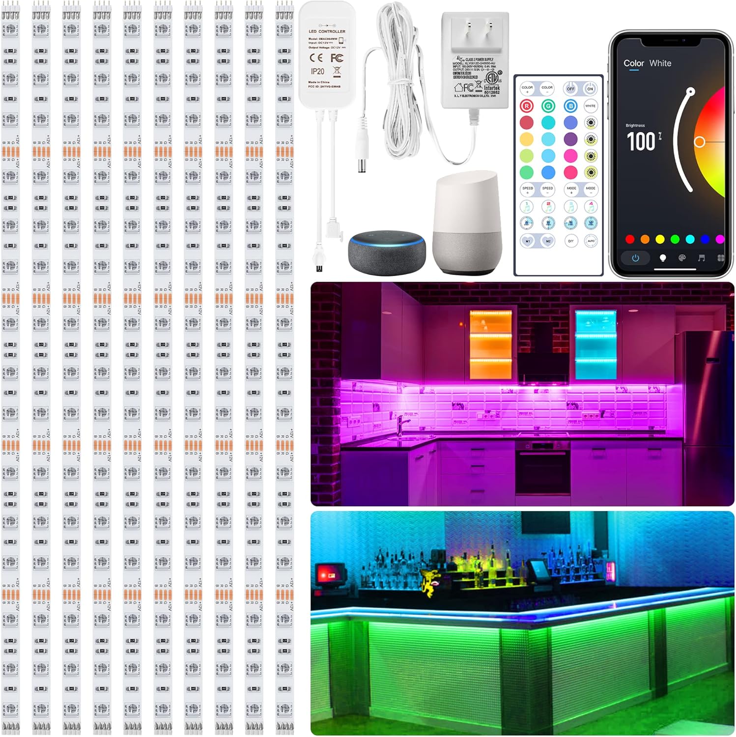 Smart RGB Under Cabinet Lights Kit - 10PCs, Alexa/Google