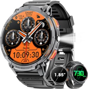 Military Smart Watch: 1.85" HD, 730mAh, BT Calls, Fitness Tracker