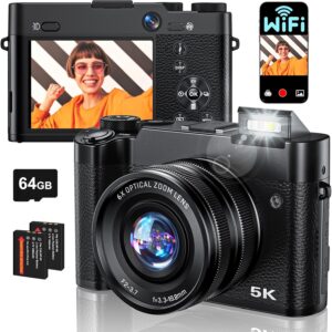 6X Zoom 5K 64MP WiFi Vlogging Camera w/Flash & 64GB