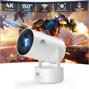 Portable 4K Wifi Bluetooth Projector, Rechargeable, White