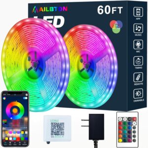 60ft Music Sync RGB LED Strip Lights, Bluetooth App & Remote