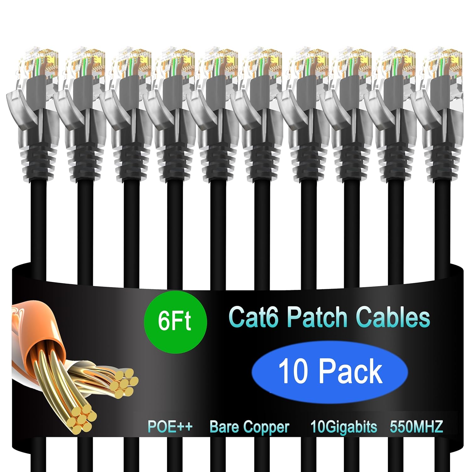 Cat6 Ethernet Cable 6ft 10-Pack Black