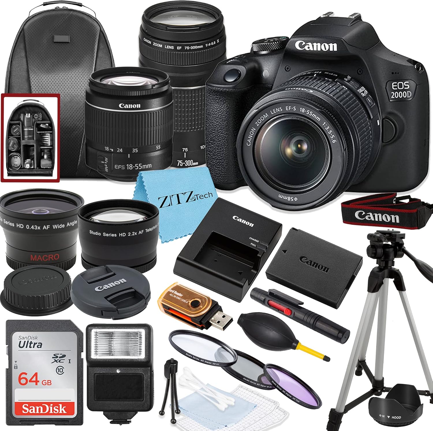 Canon EOS 2000D w/ 18-55mm & 75-300mm Lenses + 64GB + Accessories (Renewed)