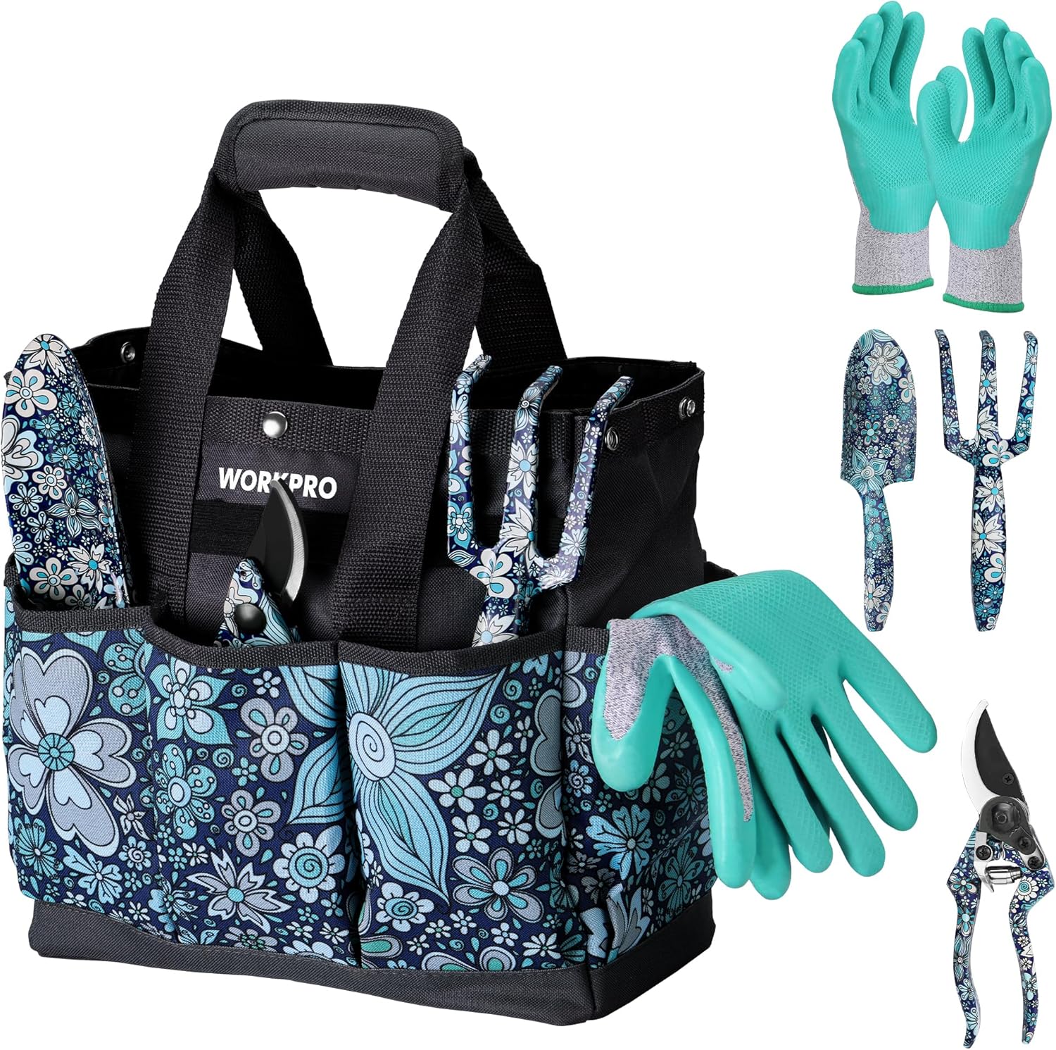 WORKPRO 5PCS Heavy Duty Garden Tool Set, Floral Blue