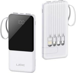 10000mAh Slim USB C Power Bank, White