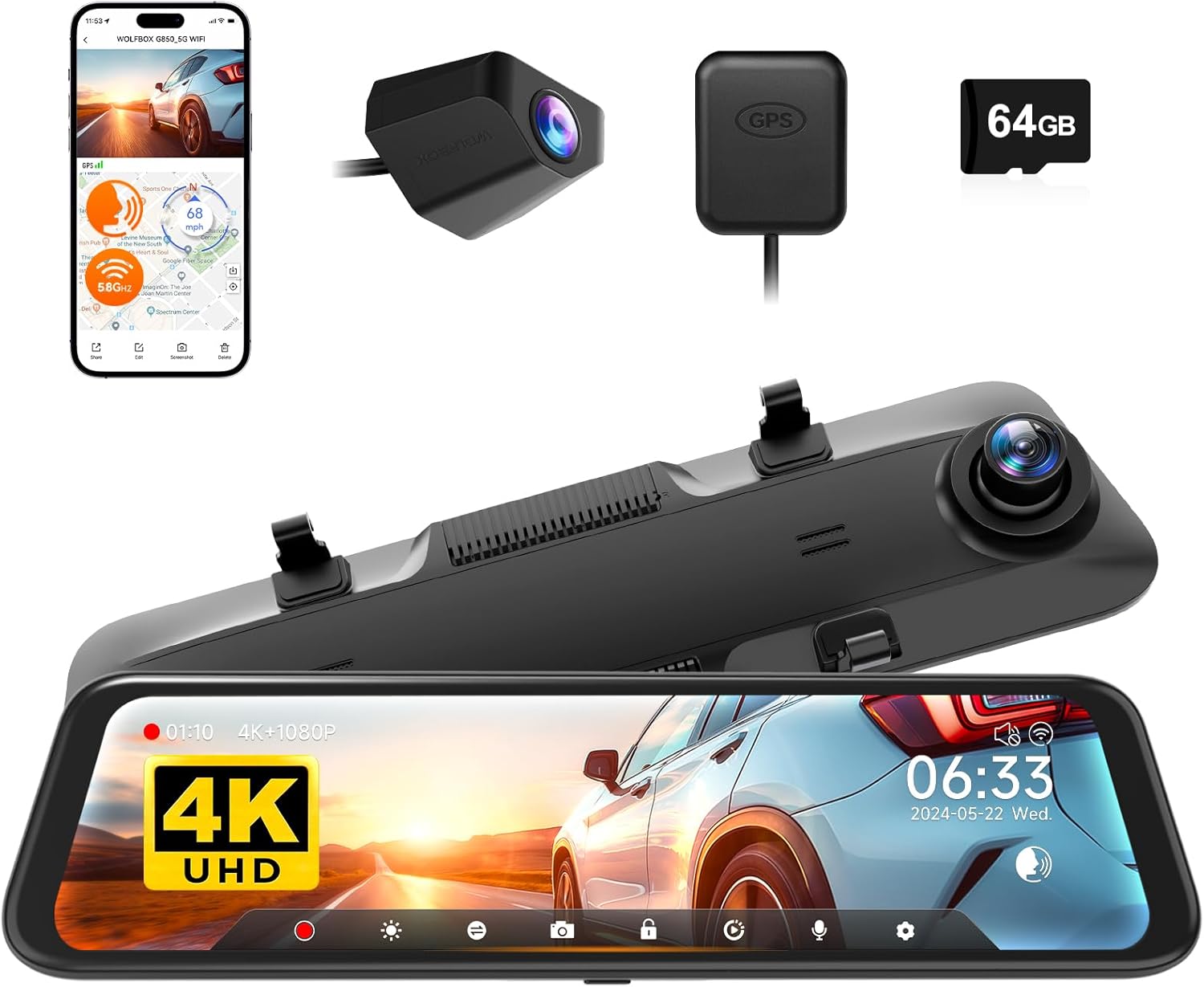 WOLFBOX 12" 4K Mirror Dash Cam