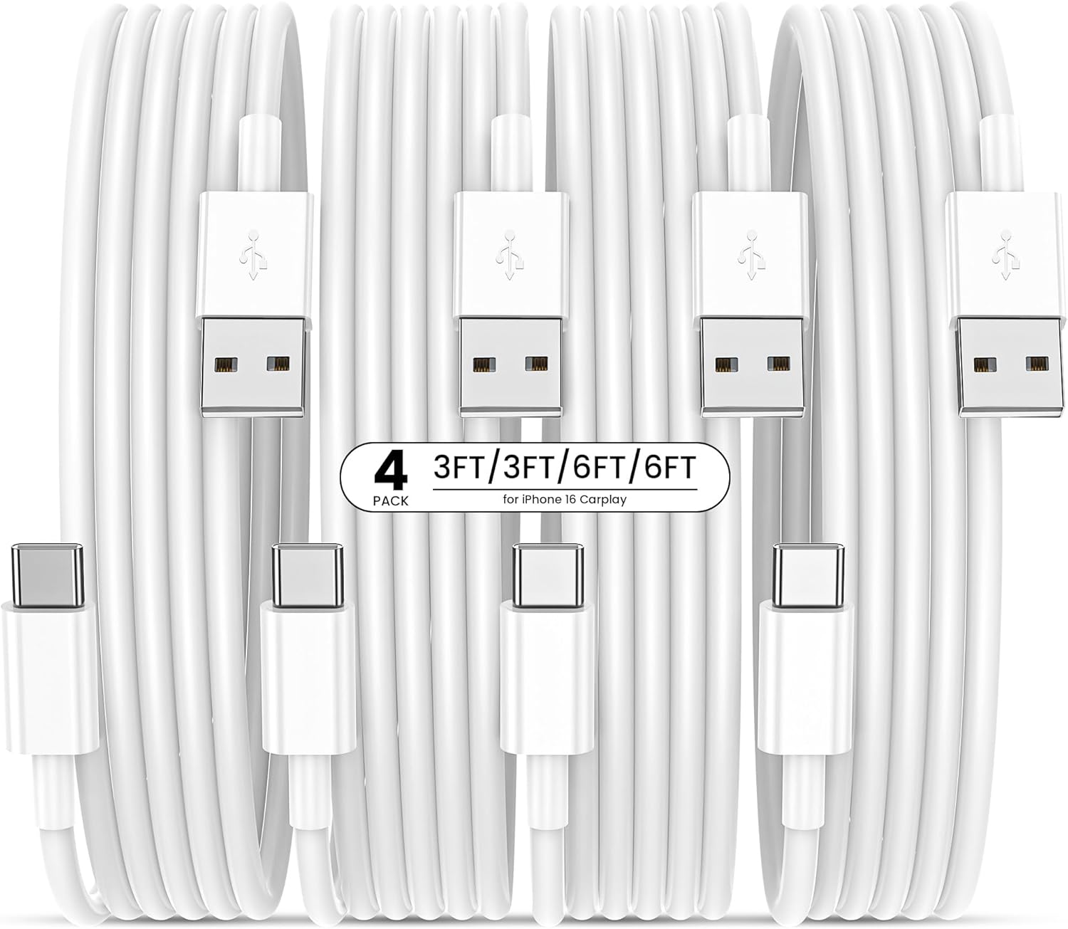 USB-C CarPlay Cables, 4-Pack (3/6FT)
