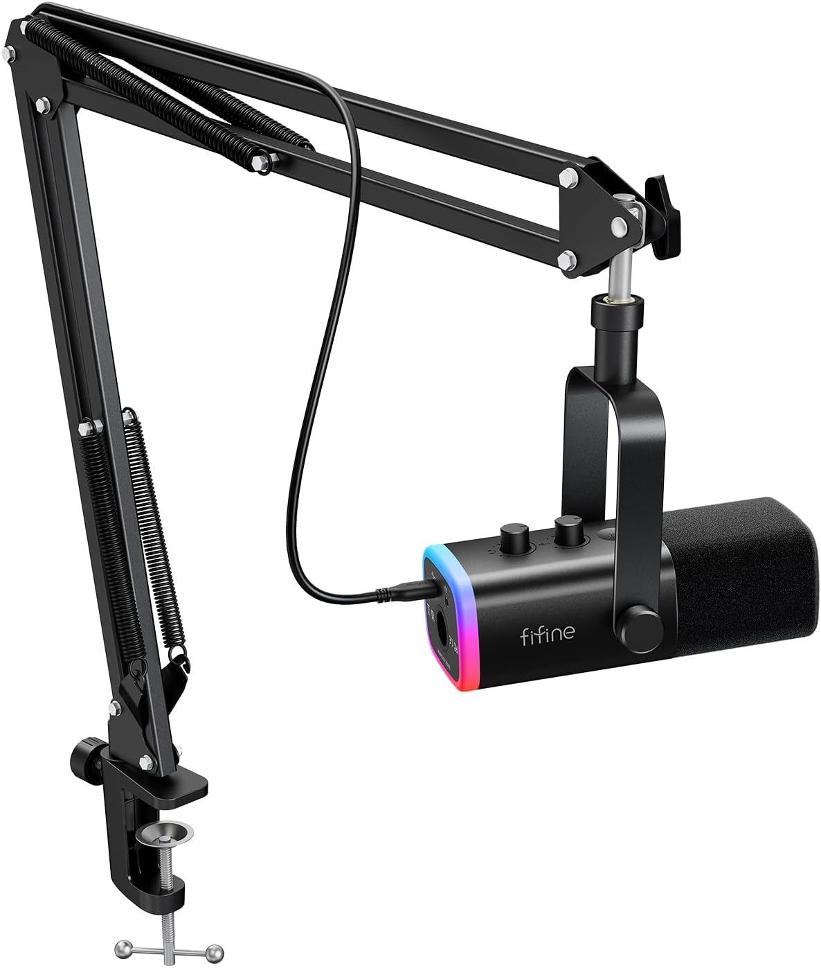 FIFINE AmpliGame AM8T XLR/USB Dynamic Gaming Microphone Kit with Boom Arm, RGB, Mute Button, Headphone Jack for Streaming, Podcasting & Voice