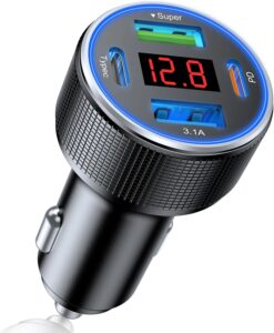 78W 4-Port USB C Car Charger with Voltmeter