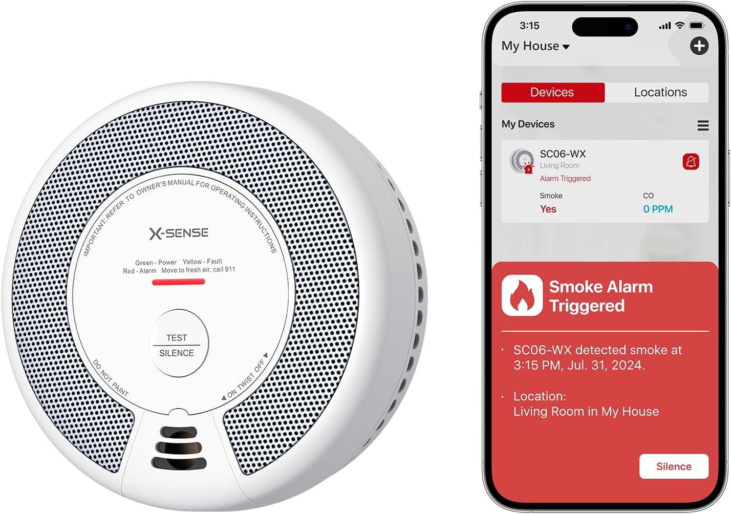 X-Sense SC06-WX Smart Smoke & Carbon Monoxide Detector Combo with Free App Notifications, Replaceable Battery, 1