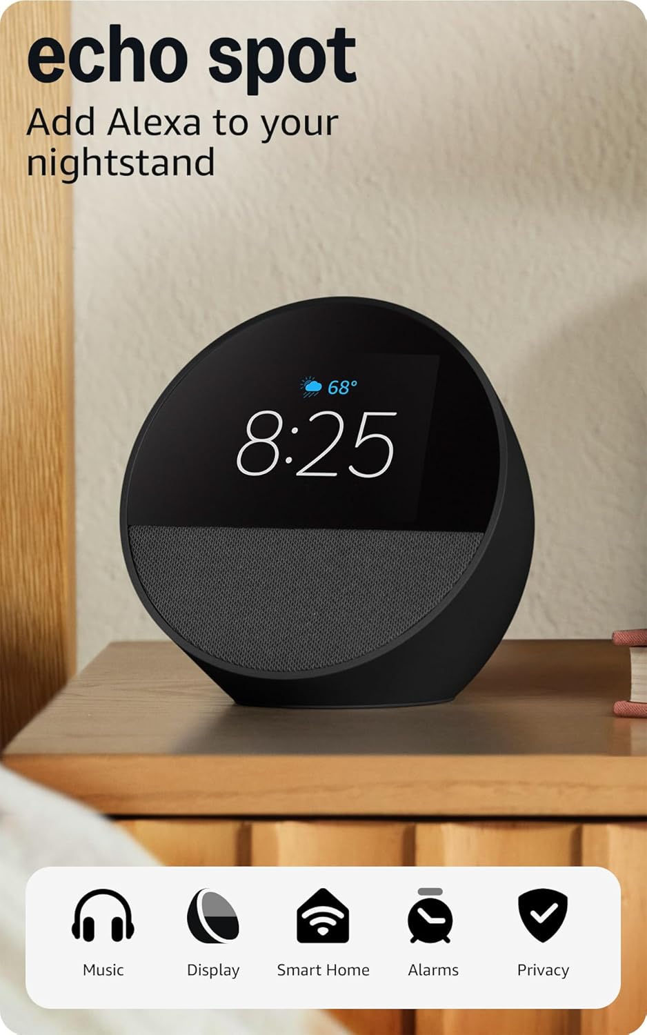 Amazon Echo Spot Smart Alarm Clock with Alexa, Black