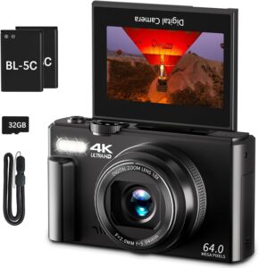 4K 64MP YouTube Vlogging Camera with 3" Flip Screen, 18X Zoom, Point and Shoot for Beginners incl. 32GB SD Card