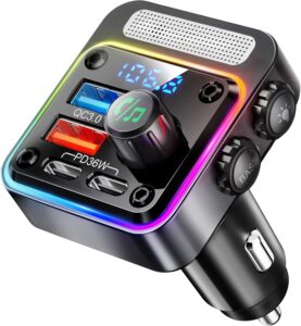 Nulaxy 54W Bluetooth 5.3 Car Charger FM Transmitter with 4-Port Fast Charging, PD36W QC3.0, Deep Bass, 5-Color LED Backlit, Hands