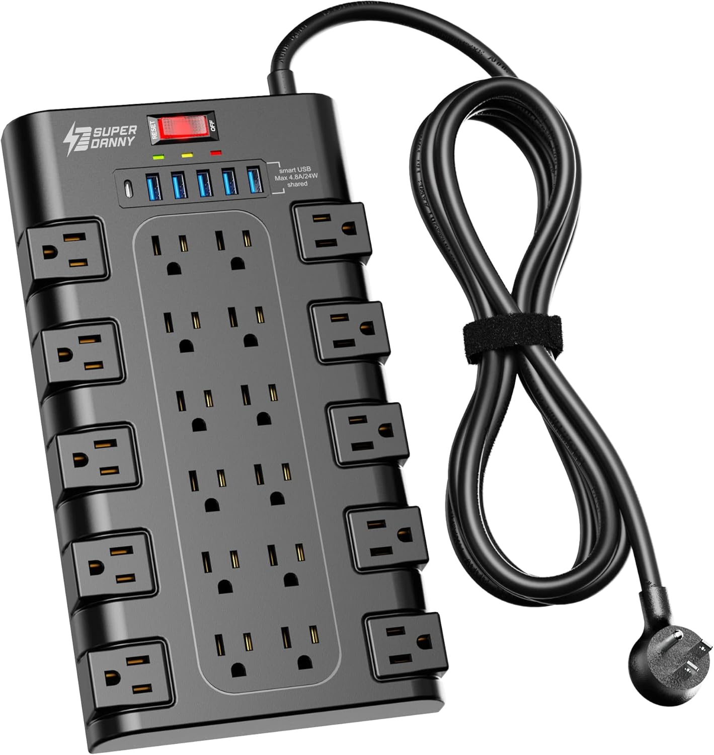SUPERDANNY Surge Protector Power Strip with 22 AC Outlets and 6 USB Charging Ports, 2100 Joules, 1875W/15A, 6.5ft Heavy Duty Extension Cord for Home, Office, Dorm, Gaming Room, Black