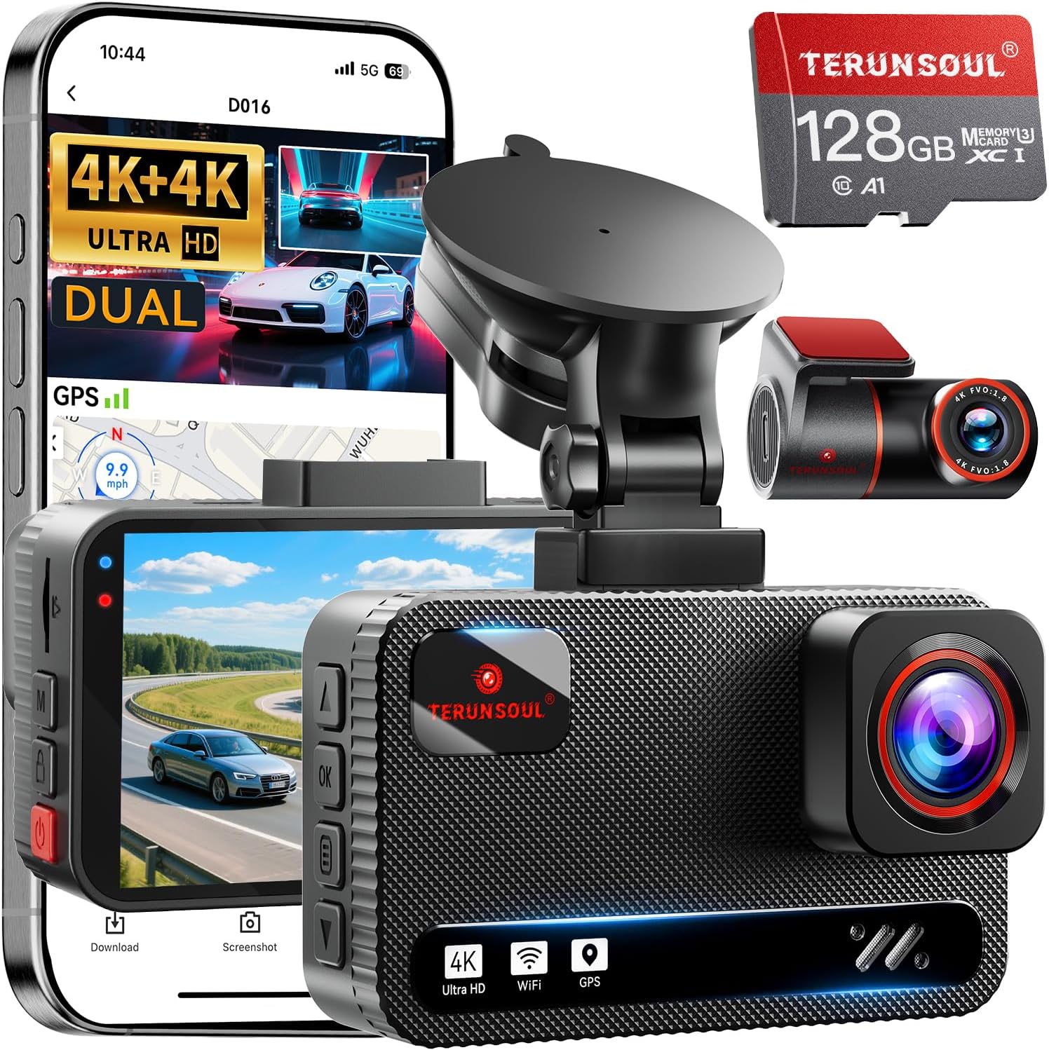 Dual 4K Front and Rear Dash Cam with WiFi, GPS, G-Sensor, 170° Wide Angle, 24H Parking Mode