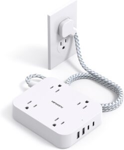 Flat Plug Power Strip with 4 USB Ports (2 USB C) and 4 Outlets, 5ft Extension Cord, Wall Mount Desk Charging Station for Office, School, Travel, Dorm, ETL Listed