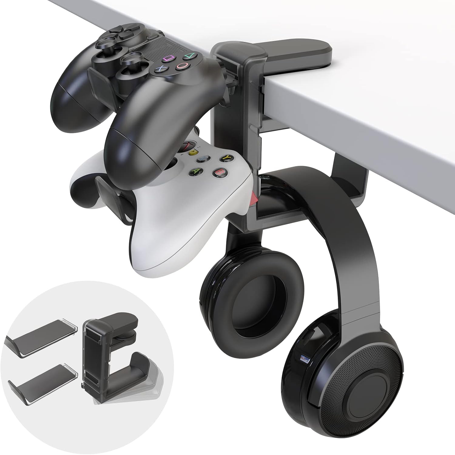 EURPMASK 3-in-1 PC Gaming Headset and Controller Stand with Adjustable Clamp, Dual Controller Holder, Rotating Arm, and Cable Organizer