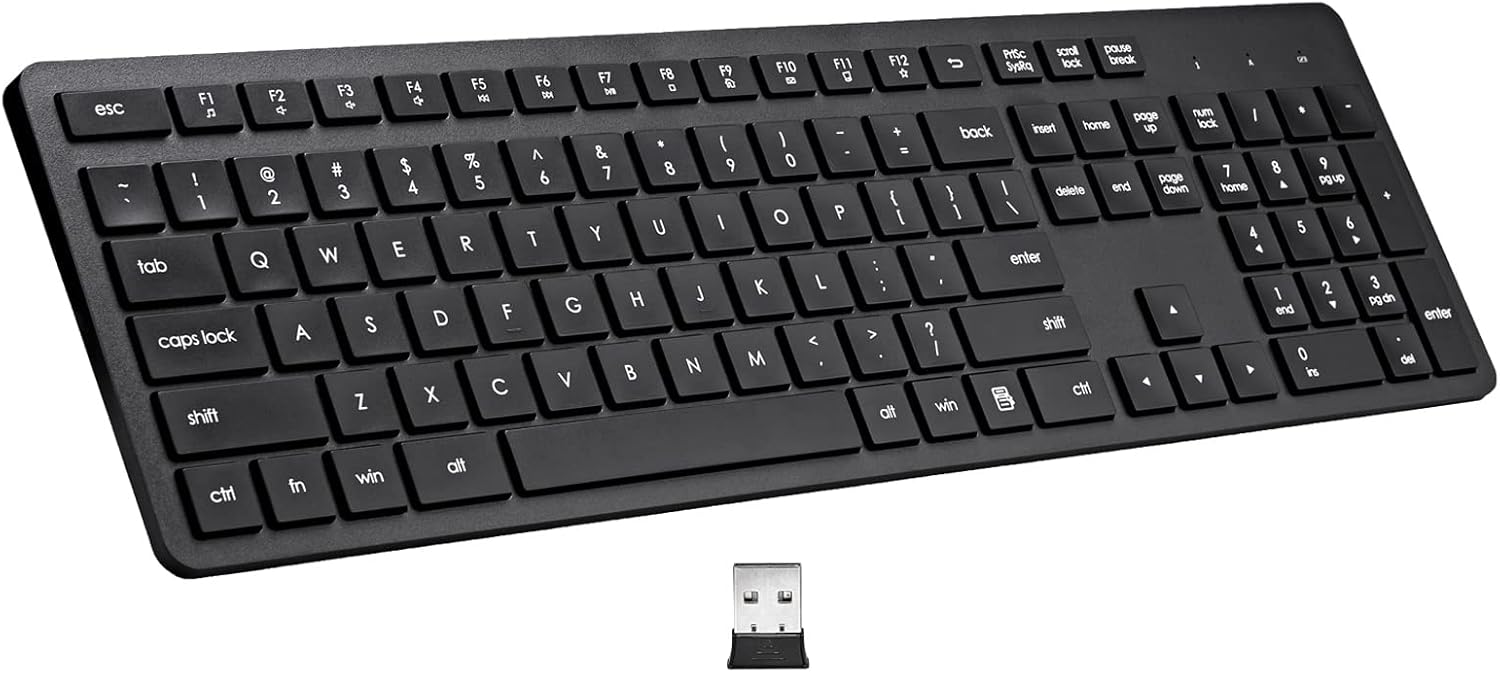 Wireless 2.4G USB Silent Keyboard, 106 Keys Full Size with Number Pad for PC Laptop Chromebook (Black)