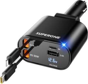 SUPERONE 4-in-1 Retractable Car Phone Charger with Fast Charging, USB