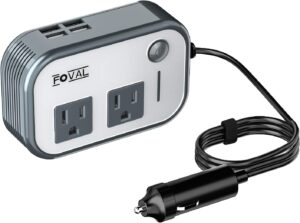 FOVAL 200W Car Power Inverter with 4 USB Ports, 12V DC to 110V AC Car Outlet Adapter for Laptop Charger (Gray)