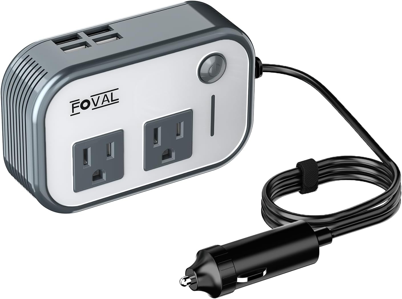 FOVAL 200W Car Power Inverter with 4 USB Ports, 12V DC to 110V AC Car Outlet Adapter for Laptop Charger (Gray)