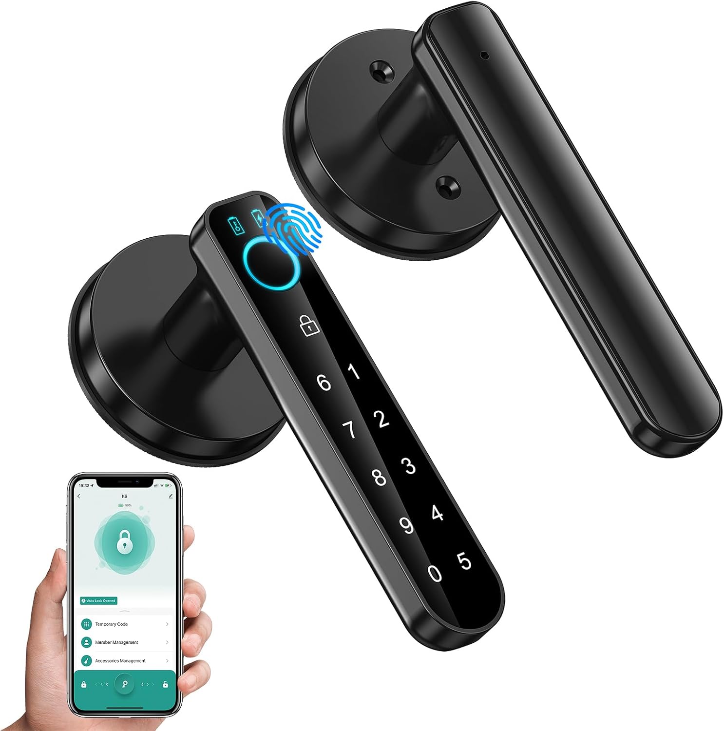 Smart Fingerprint Door Lock with Passcode Keypad - Keyless Entry Biometric Door Handle for Home, Office, Hotel (Black with APP) smart-fingerprint-door-lock-with-passcode-keypad-keyless