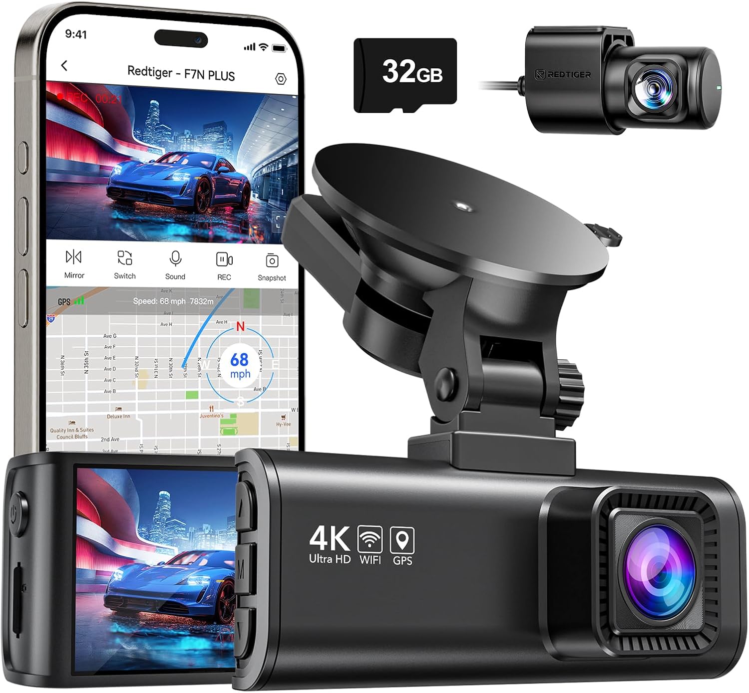 REDTIGER F7NP Front and Rear Dash Cam 4K with Wi