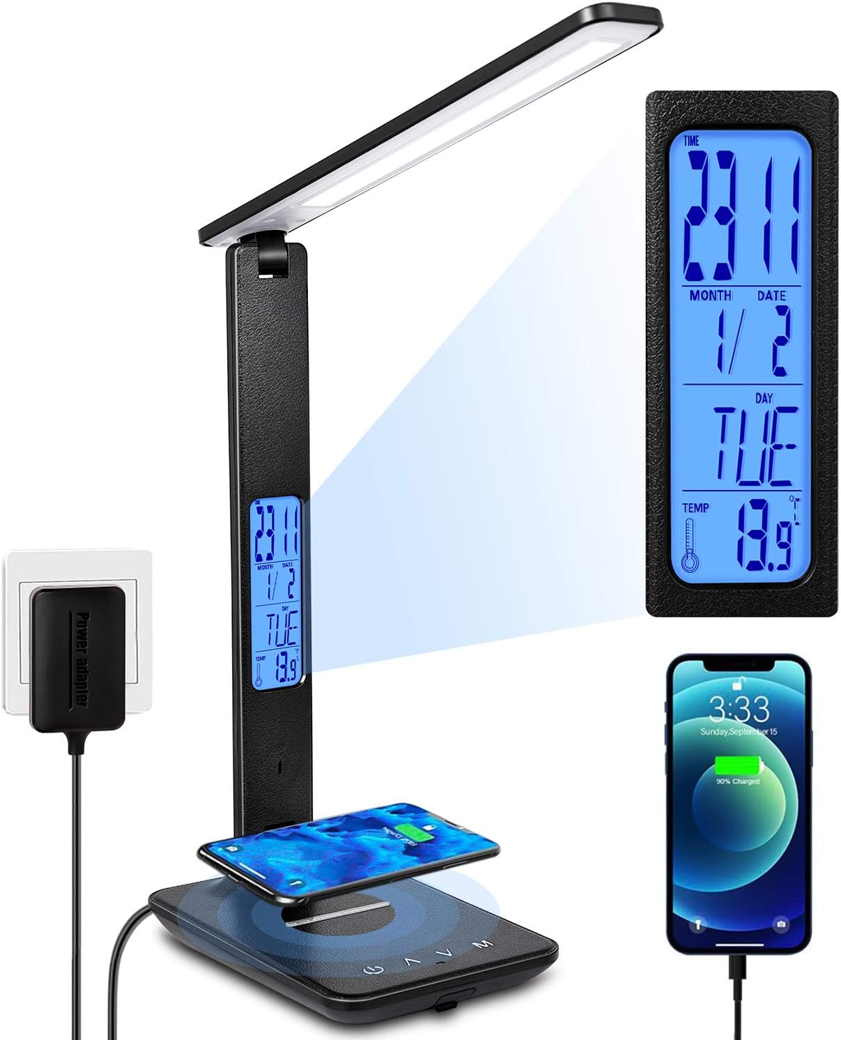 Dimmable LED Desk Lamp with Wireless Charger, USB Port, Clock, Calendar, Thermometer and Auto Timer