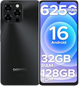 DOOGEE Note 58 Android 16 Unlocked Phones, 32GB+128GB/2TB Expand Cell Phone, 6.6''HD+90Hz Dispaly, 6250mah Battery, 4G Dual Sim Unlocked Smartphone, Widevine L1/NFC/OTG/Face Unlock