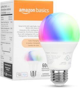 Amazon Basics Smart A19 Color Changing LED Light Bulb, 9W (60W Equivalent), 800 Lumens, Works with Alexa Only, 2.4 GHz Wi