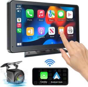Portable Car Stereo with Wireless Apple CarPlay & Android Auto, 7" HD Touchscreen, Bluetooth 5.2, Backup Camera, FM Transmitter