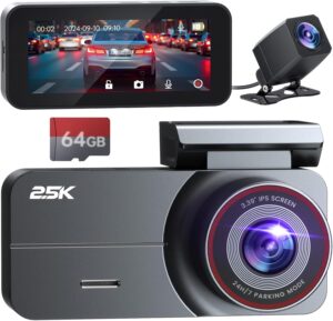 Black Pro Front and Rear Dash Cam 2.5K/1080P QHD Dual Camera with Super Night Vision, Loop Recording, 3.39" IPS, 64GB Card, 160° Wide Angle, Parking Mode