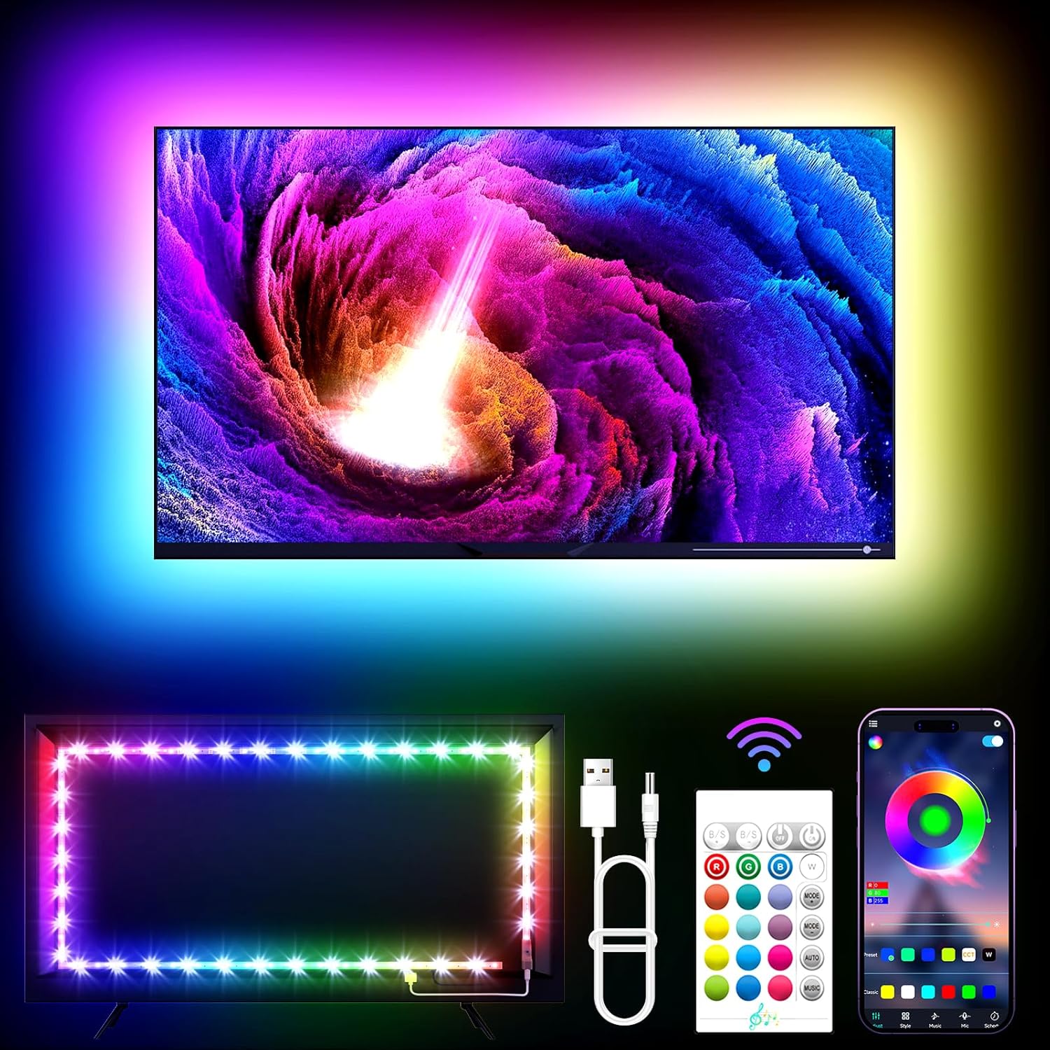 TV LED Lights, 11.5ft RGB TV Backlight Strip with Remote Control, Music Sync, Bluetooth App, USB Powered for 32